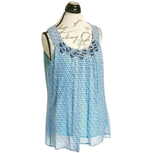 Zac Rachel Sleeveless Sheer Overlay Blouse Size Large Blue Pleated Dressy Flowy - Picture 2 of 12